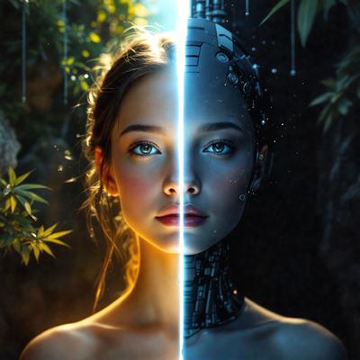 The primary subject of the image is a woman with a mix of human and robotic features. She has a human face with blue eyes, but her neck and shoulders are adorned with a robotic-like design. The setting is a forest, with the woman standing in front of a tree. The visual style of the image is a combination of photo and digital art, creating a unique and intriguing scene. The colors and mood of the image are predominantly blue, giving it a calm and serene atmosphere.